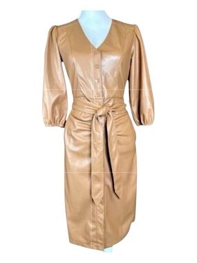 HOUSE OF HARLOW Vegan Ruched Snap Front Midi Dress in Tan, Tie Belt, Size XS.